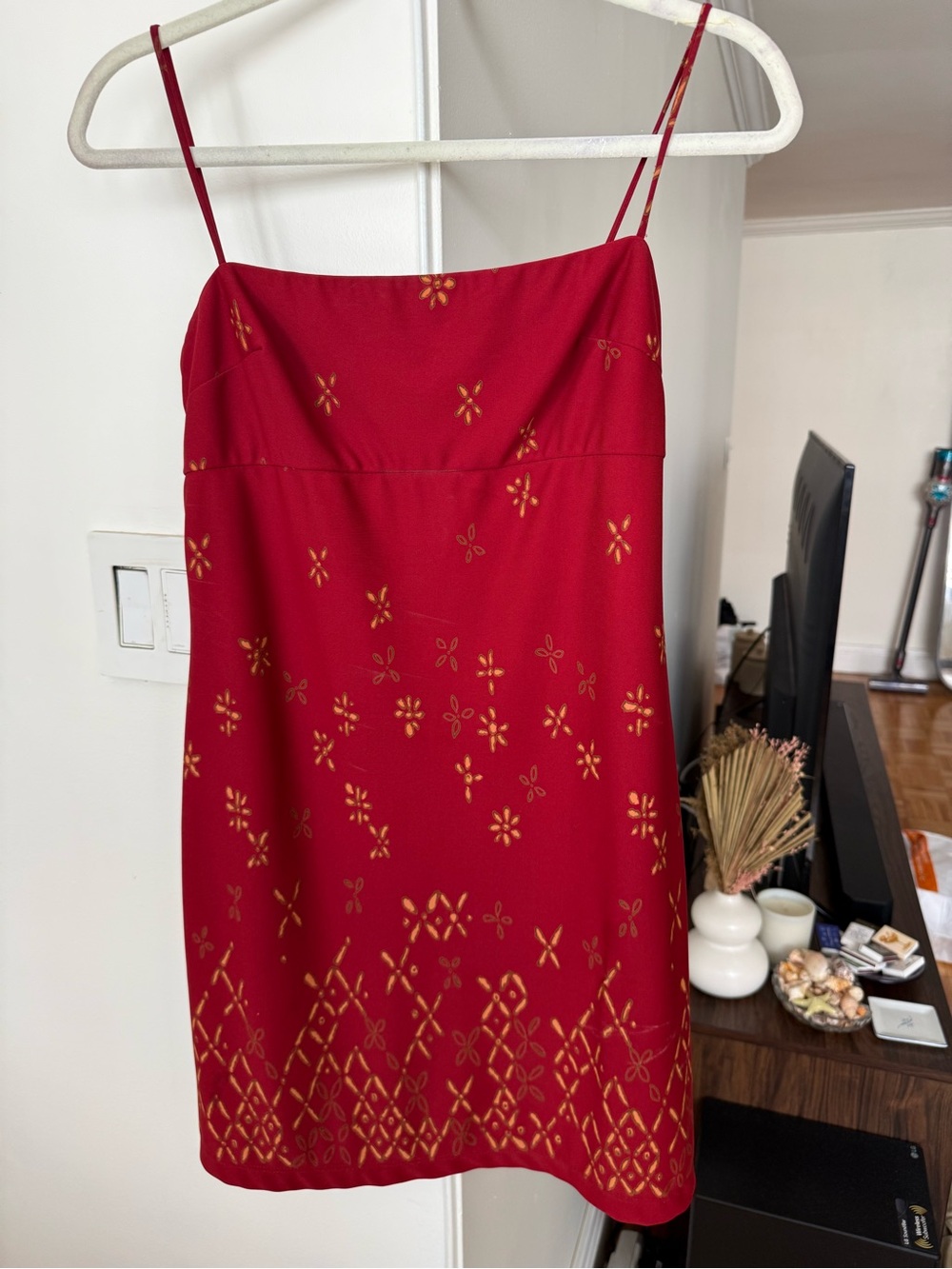 Y2K Red Slip Mini Dress with Gold Motif